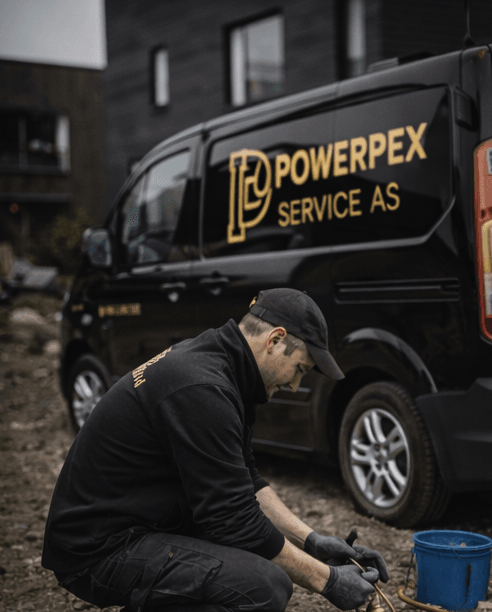 Powerpex rørlegger på oppdrag med firmabil