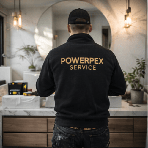 Powerpex servicemedarbeider i ferdig innredet bad